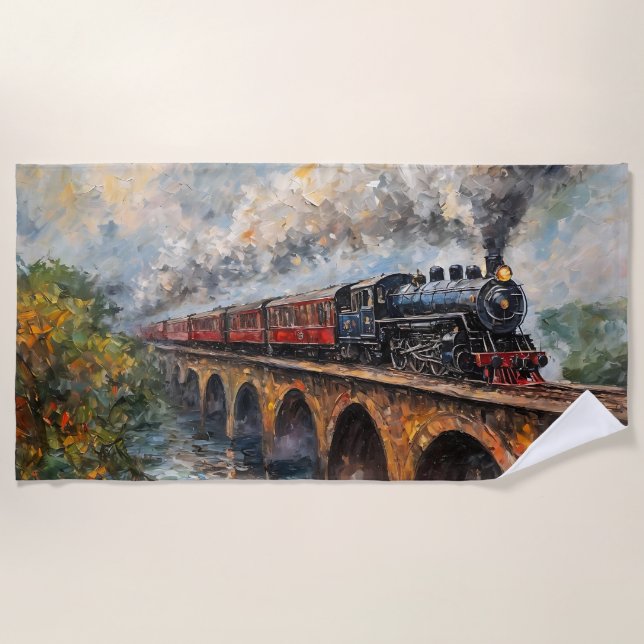 Serviette De Plage Train à vapeur sur un pont - Peinture à l'huile (Devant)