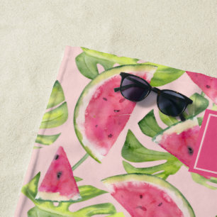 Serviette De Plage Tranches de pastèque à l'aquarelle tropicale monog