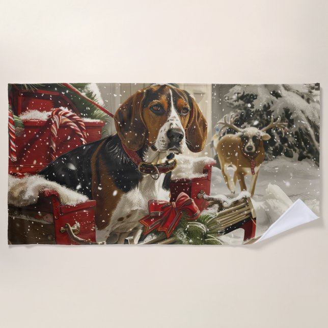 Serviette De Plage Treeing Walker Coonhound Dog Christmas Festive (Devant)