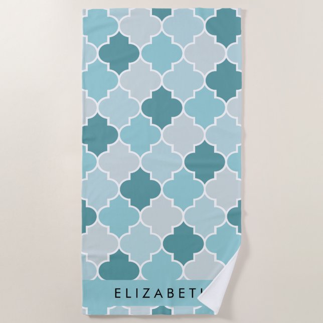 Serviette De Plage Trellis Bleu Marocain, Quatrefoil, Votre Nom (Devant)