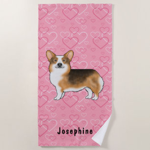 Serviette De Plage Tri en tête rouge Pembroke Welsh Corgi Coeurs rose