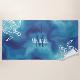Serviette De Plage Tribal des tortues blanches   Aquarelle bleue   Mo