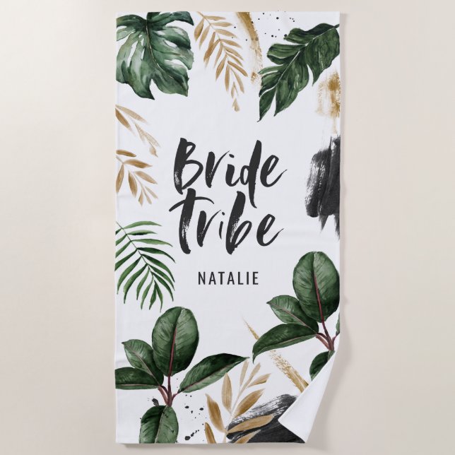 Serviette De Plage Tribe de mariée feuille tropicale et typographie (Devant)