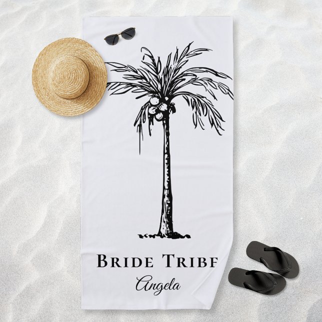 Serviette De Plage Tribu de la Mariée Blanc Noir Palmier Tropical Per (Bride Tribe White Black Tropical Palm Tree Custom Beach Towel)