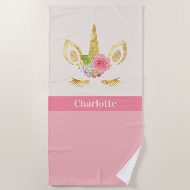 Serviette De Plage Trim Rose Unicorne Or Personnalisé Pour Les Filles (Devant)