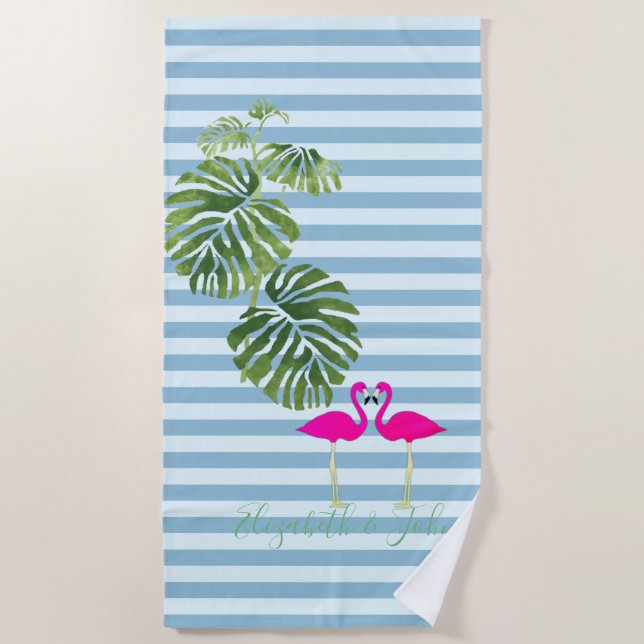 Serviette De Plage Tropical Exotique, Rayé, Flamants-Personnalisé (Devant)