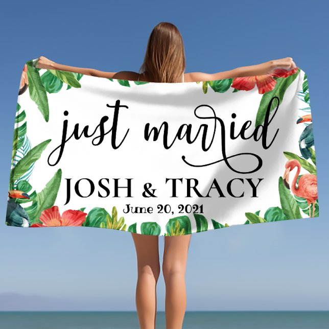 Serviette De Plage Tropical Femme et Mari, Tout Juste Mariés sur mesu (Tropical Wifey and Hubby, Just Married Custom Beach Towel)