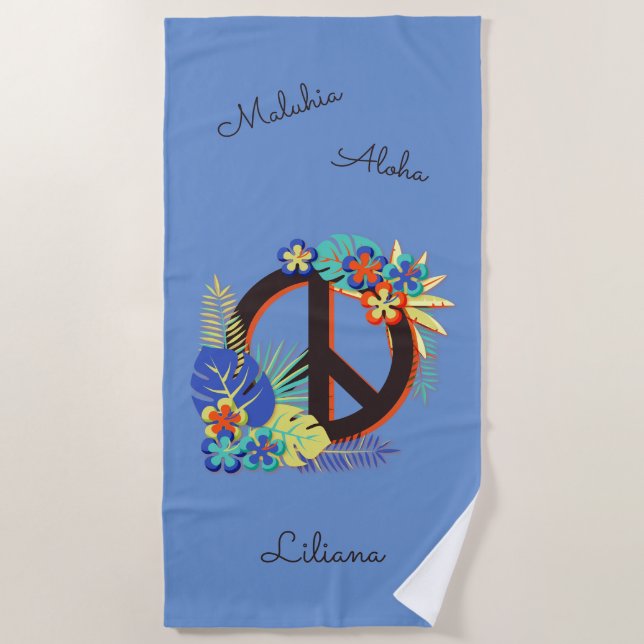 Serviette De Plage Tropical Hawaiian Peace Love Name Blue (Devant)