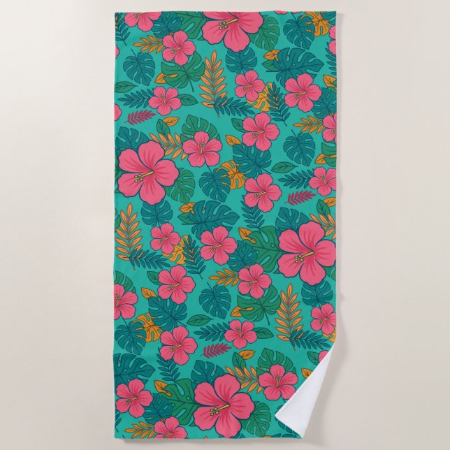 Serviette De Plage Tropical Hibiscus and Palm Leaf Pattern  (Devant)