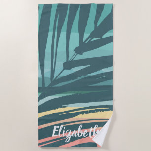 Serviette De Plage Tropical Palm Leaf Sunset Nom personnalisé