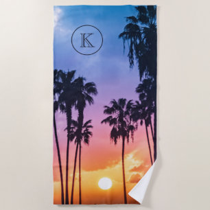 Serviette De Plage Tropical Rainbow Color Palm Tree Sunset Monogram
