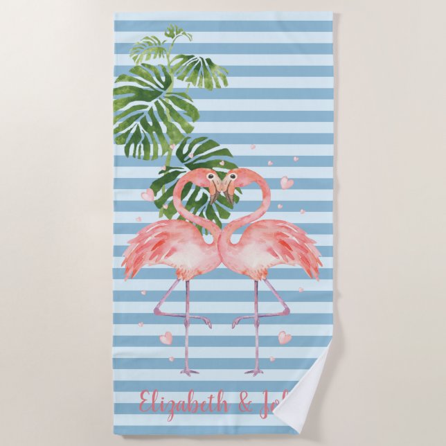 Serviette De Plage Tropical, Striped, Flamants roses En Amour (Devant)