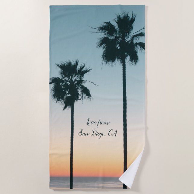 Serviette De Plage Tropical Turquoise & Orange Palm Tree Sunset Silho (Devant)