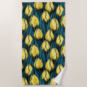 Serviette De Plage Tulières jaunes avec feuilles bleus