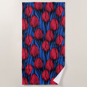 Serviette De Plage Tulipes en rouge et bleu