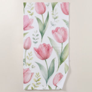 Serviette De Plage Tulipes roses Peinture florale aquarelle botanique