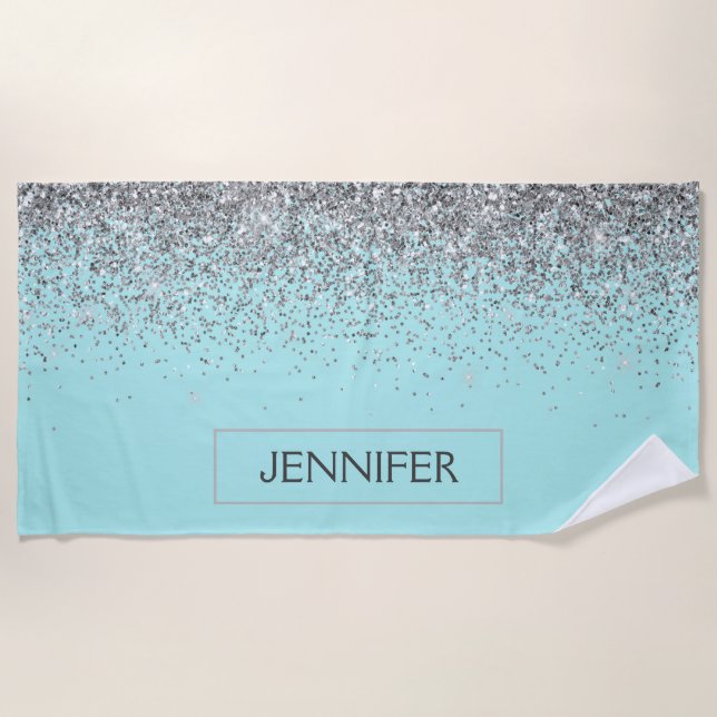 Serviette De Plage Turquoise Aqua Blue Silver Parties scintillant Gir (Devant)