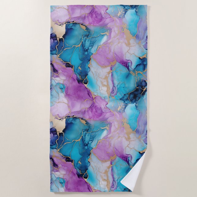 Serviette De Plage Turquoise Aqua violet marbre or (Devant)