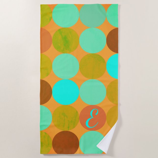 Serviette De Plage Turquoise Bleu Vert & Cercles Orange Monogramme (Devant)