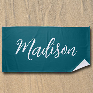 Serviette De Plage Turquoise Tendance Nom Personnalisé Écriture Manus