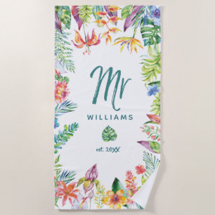 Serviette De Plage Typographie de M. Tropical Floral Watercolor