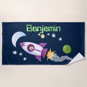 Serviette De Plage Un adorable vaisseau-fusée dans l'espace dessin an