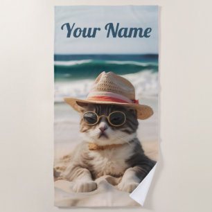 Serviette De Plage Un chat cool à la plage avec des lunettes de solei