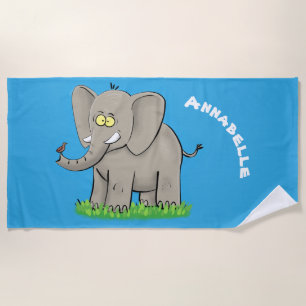 Serviette De Plage Un joli éléphant drôle avec un oiseau sur le tronc