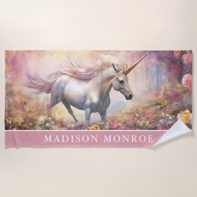 Serviette de plage Unicorn avec nom personnalisé (Devant)