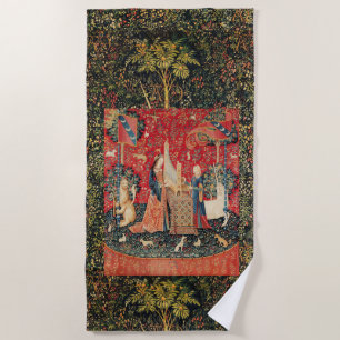 Serviette De Plage , UNICORN ET DAME JOUER ORGAN FLORAL Red Green