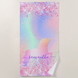 Serviette De Plage Unicorn parties scintillant rose violet nom hologr