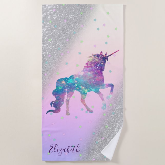 Serviette De Plage Unicorne, Étoiles, Bokeh Parties scintillant argen (Devant)