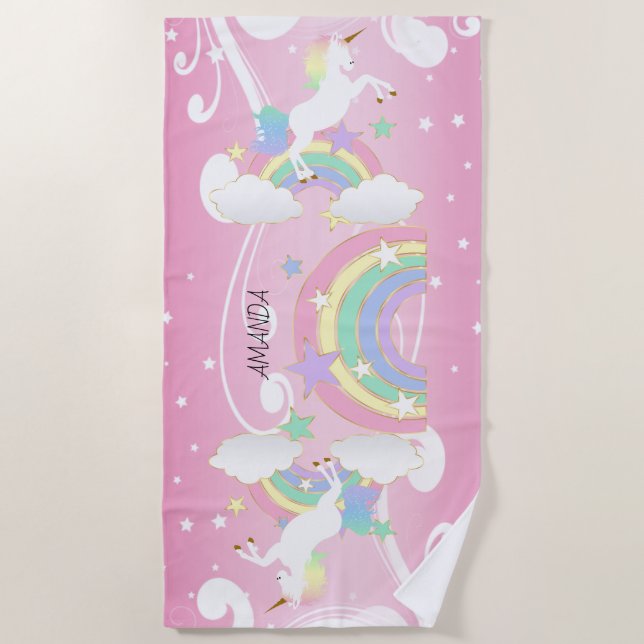 Serviette De Plage Unicorne rose arc-en-ciel (Devant)