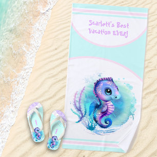 Serviette De Plage Vacances d'été à cheval de mer mignonne fille pers