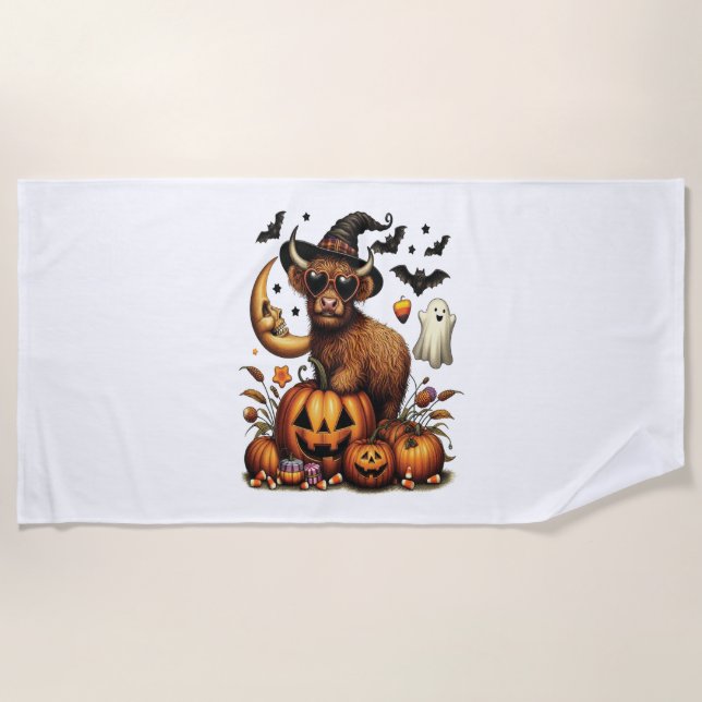 Serviette De Plage Vache Highland à l'Halloween Citrouille (Devant)
