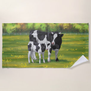Serviette De Plage Vache Holstein et veau mignon en pâturage d'été