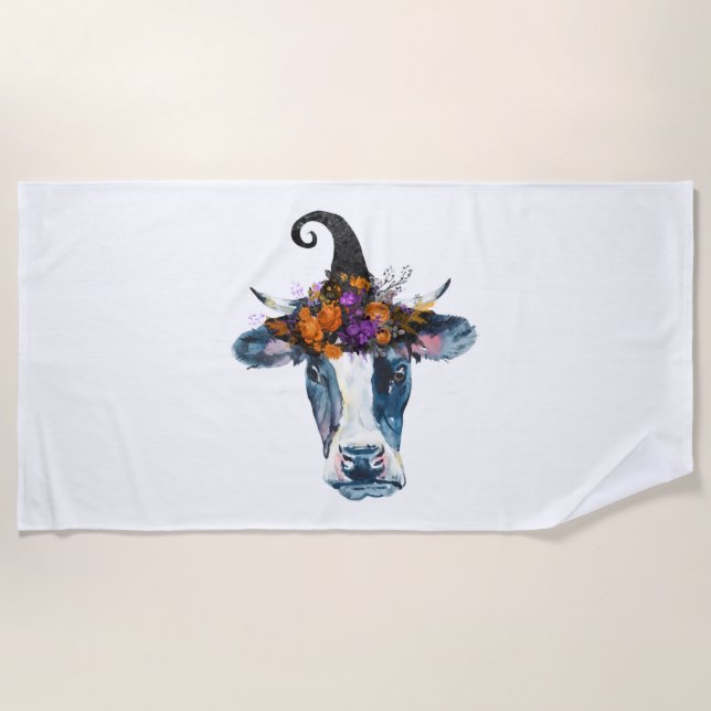 Serviette De Plage Vache noir blanc Halloween sorcière (Devant)