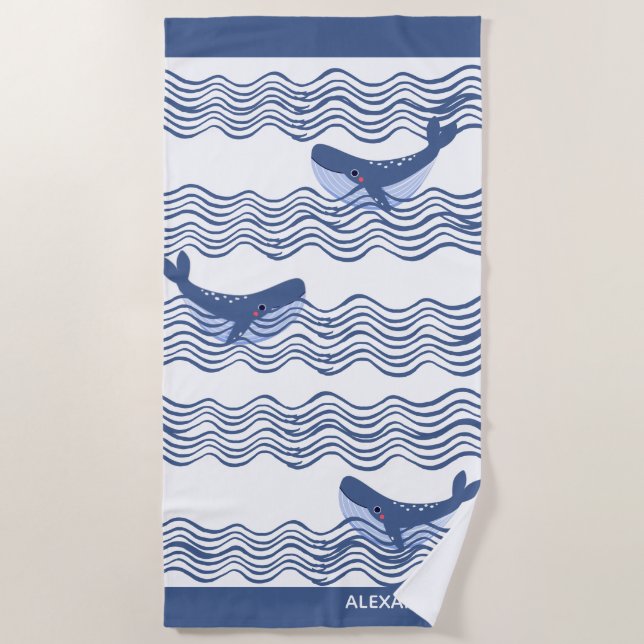 Serviette De Plage Vagues de baleine blanche gris marine (Devant)