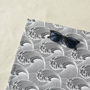 Serviette De Plage Vagues japonaises, gris vintage/gris et blanc