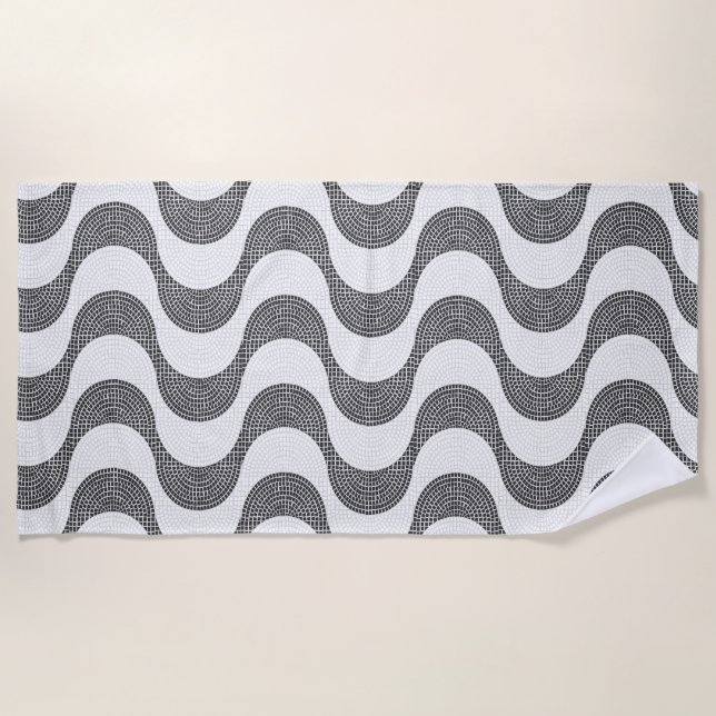 Serviette De Plage vagues noires et blanches en pavé portugais (Devant)