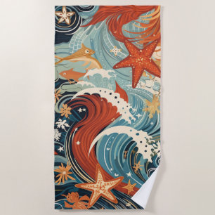 Serviette De Plage Vagues Vintages et Starfish