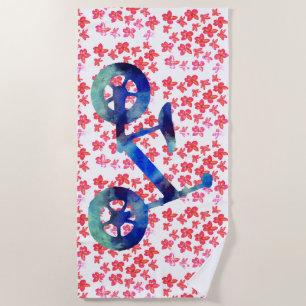 Serviette De Plage Vélo et fleurs bleus d'aquarelle