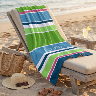 Serviette De Plage Vert lime personnalisé bleu foncé rose chaud blanc