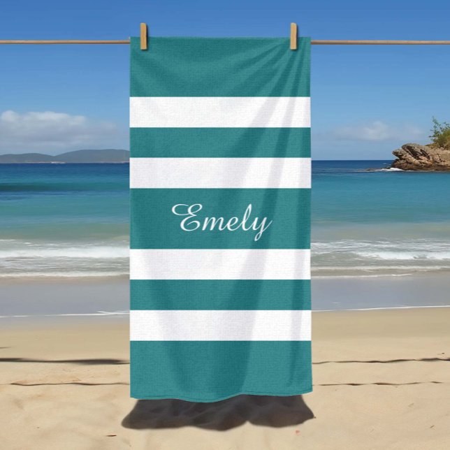 Serviette De Plage Vert Turquoise moderne rayé (Custom Name Modern Teal Green Striped Beach Towel)