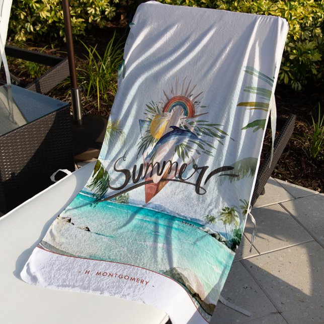 Serviette De Plage Vibes d'été | Boho Retro Summer Surf Monogramme (Créateur téléchargé)