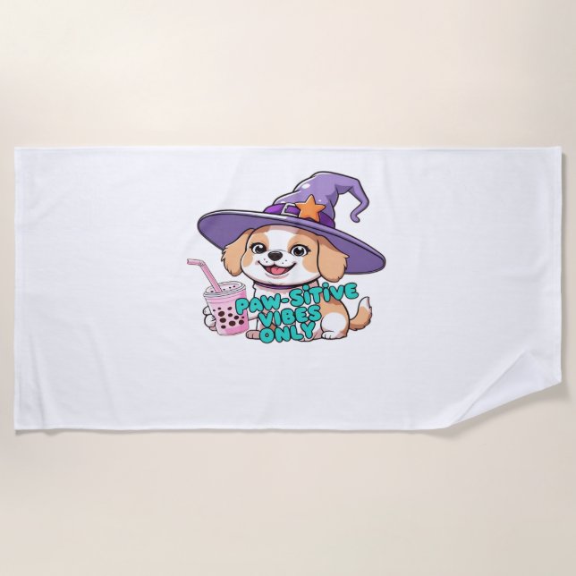 Serviette De Plage Vibes Paw seulement - Chien mignon avec thé à bull (Devant)