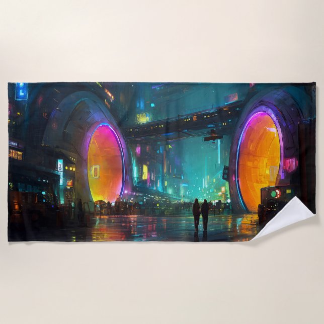 Serviette De Plage Vibrant Cyberpunk Cityscape with Arches (Devant)