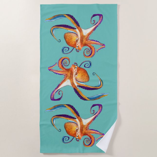 Serviette De Plage vie marine d'octopus aquarelle (Devant)