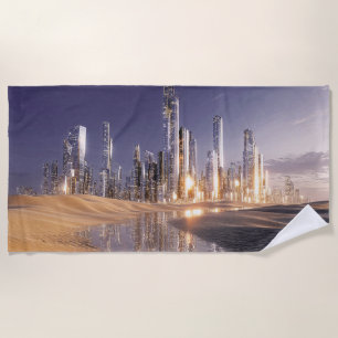 Serviette De Plage Ville de science-fiction futuriste reflétée dans l