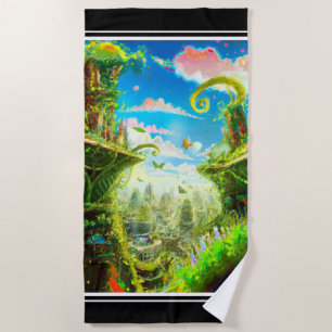 Serviette De Plage Ville Plante colorée futuriste, Art généré par l'I